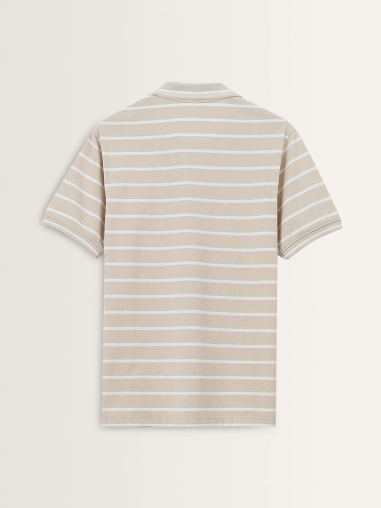 WES Casuals Beige Striped Relaxed-Fit Polo T-Shirt