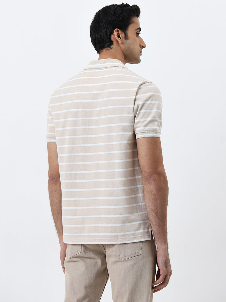 WES Casuals Beige Striped Relaxed-Fit Polo T-Shirt