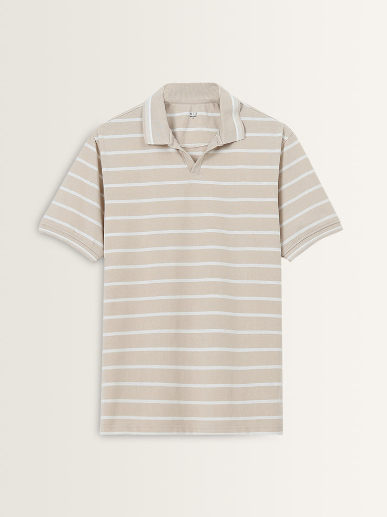 WES Casuals Beige Striped Relaxed-Fit Polo T-Shirt