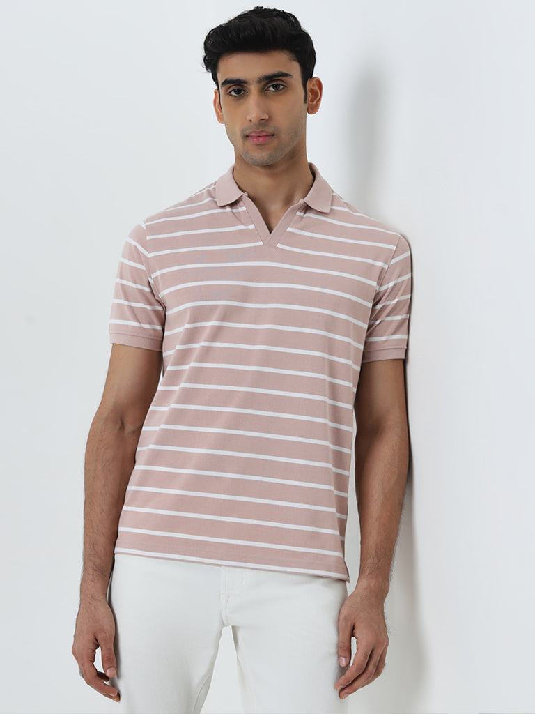 WES Casuals Dusty Pink Striped Relaxed-Fit Polo T-Shirt