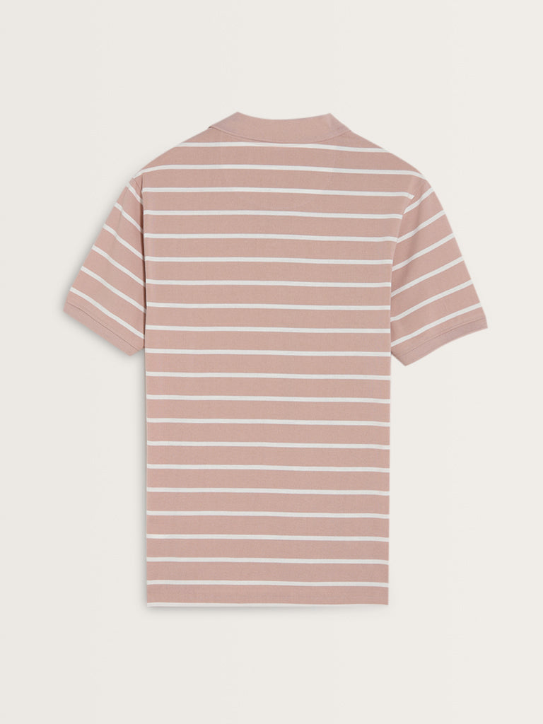 WES Casuals Dusty Pink Striped Relaxed-Fit Polo T-Shirt