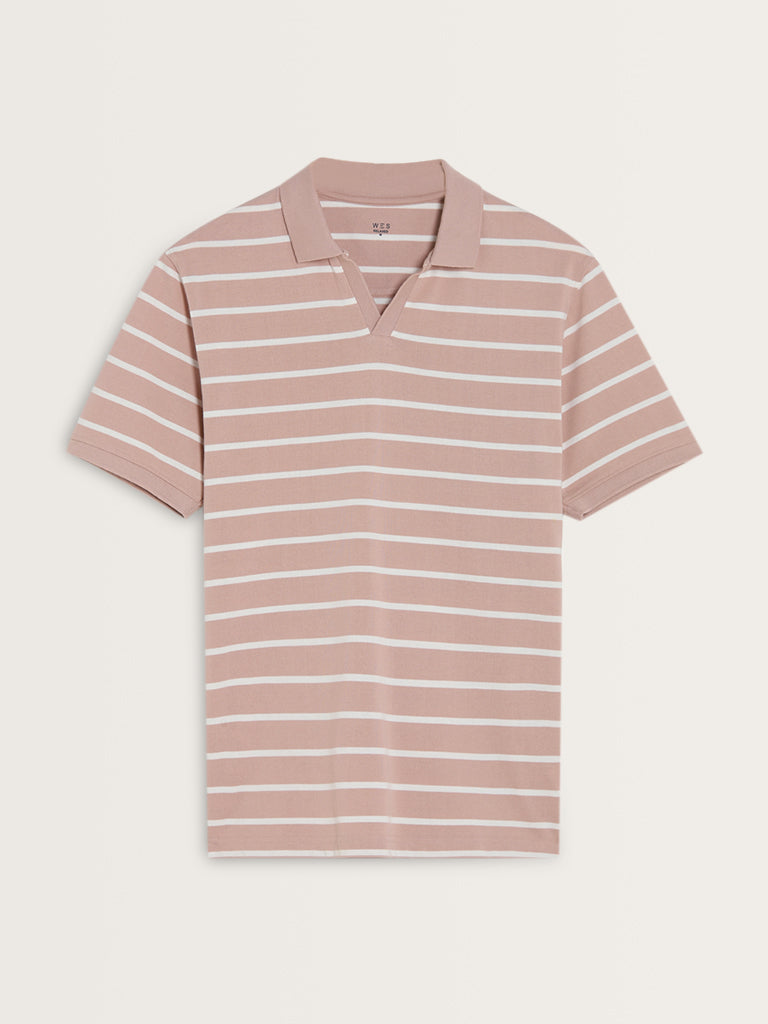 WES Casuals Dusty Pink Striped Relaxed-Fit Polo T-Shirt