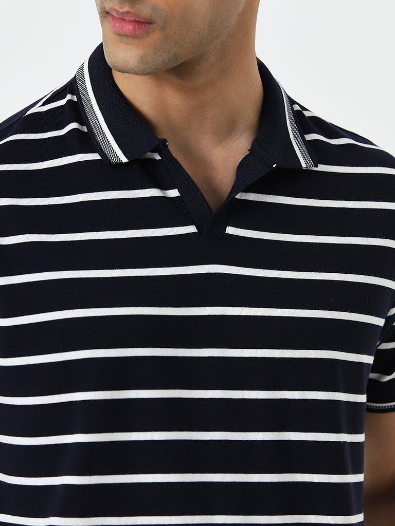 WES Casuals Navy Striped Relaxed-Fit Polo T-Shirt