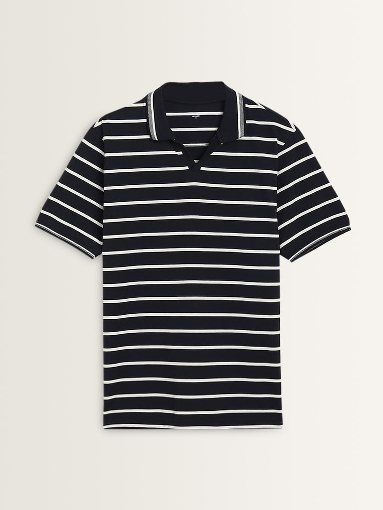 WES Casuals Navy Striped Relaxed-Fit Polo T-Shirt