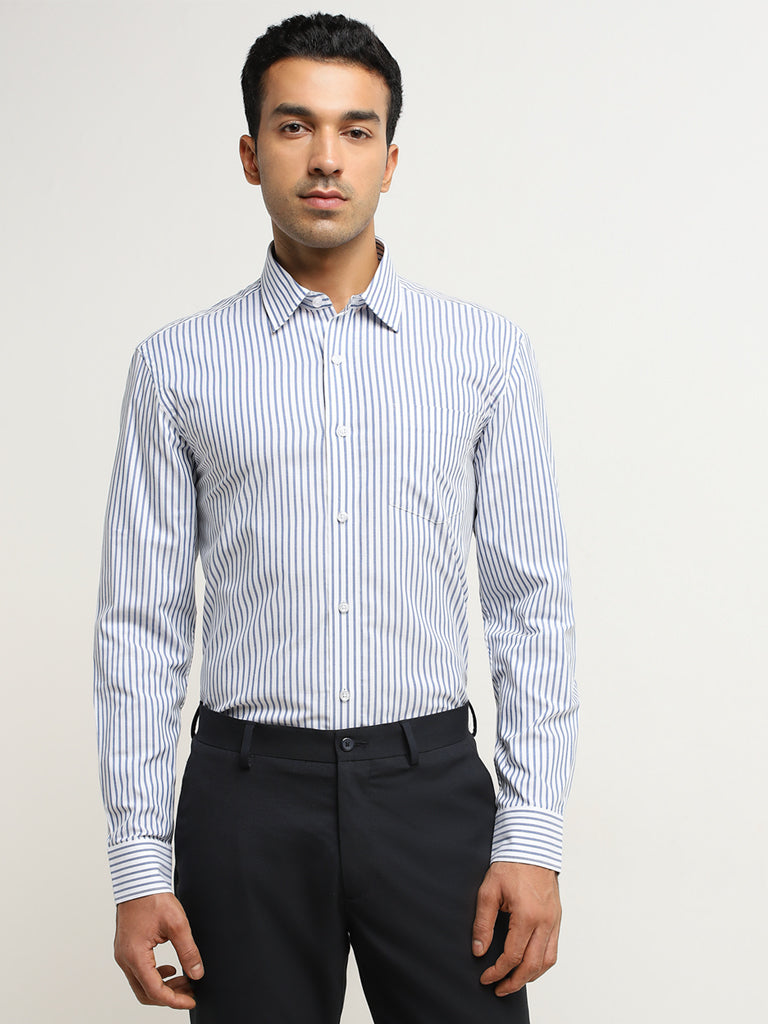 WES Formals Blue Striped Cotton Relaxed-Fit Shirt