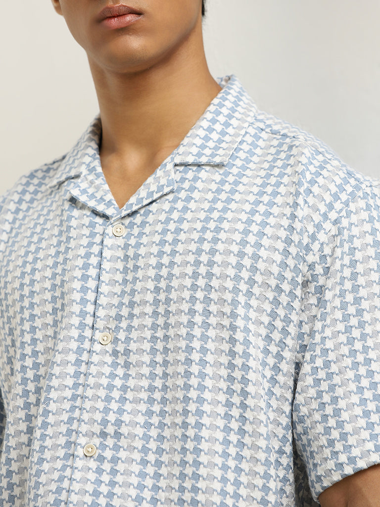 ETA Blue Houndstooth Design Relaxed-Fit Cotton Shirt