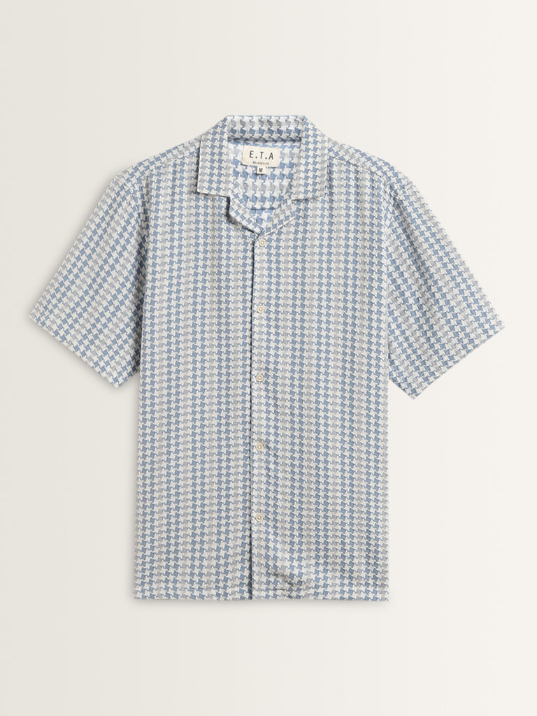 ETA Blue Houndstooth Design Relaxed-Fit Cotton Shirt