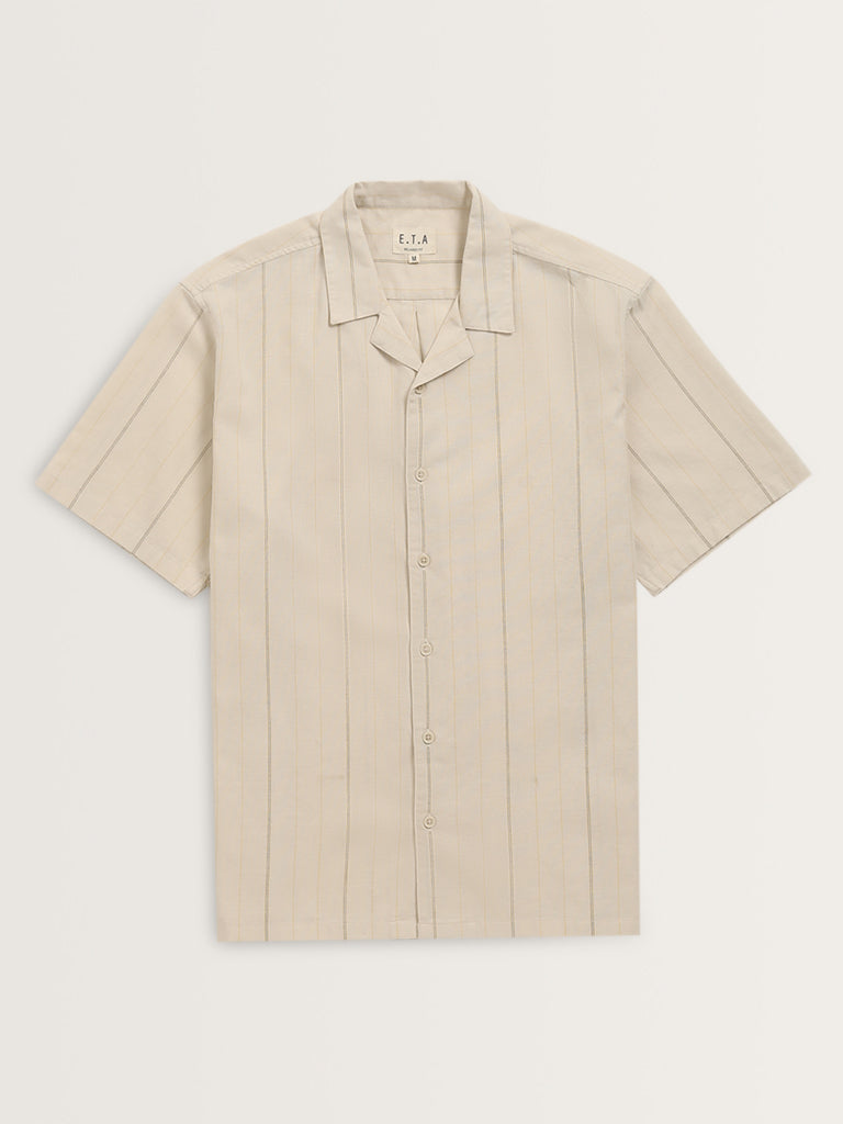 ETA Beige Striped Design Relaxed-Fit Cotton Shirt