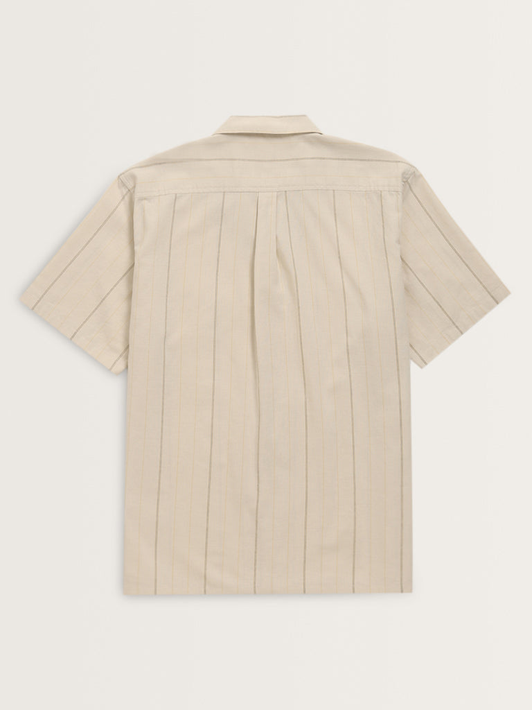 ETA Beige Striped Design Relaxed-Fit Cotton Shirt