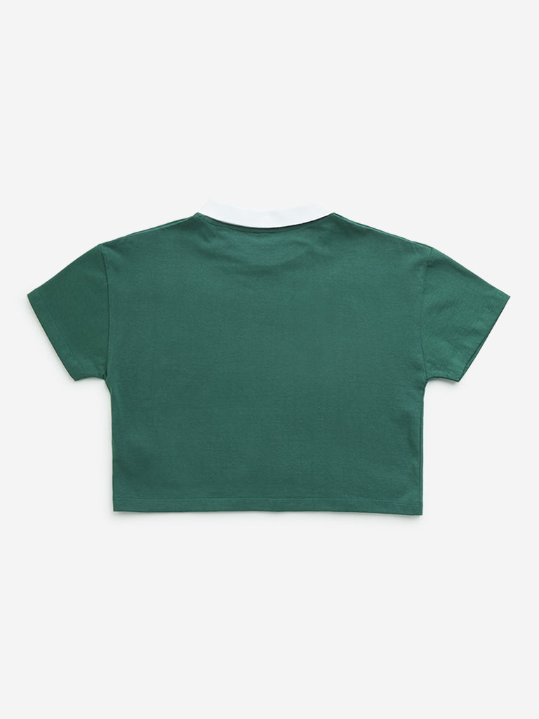 Y&F Kids Green Text Printed Collared Cotton T-Shirt