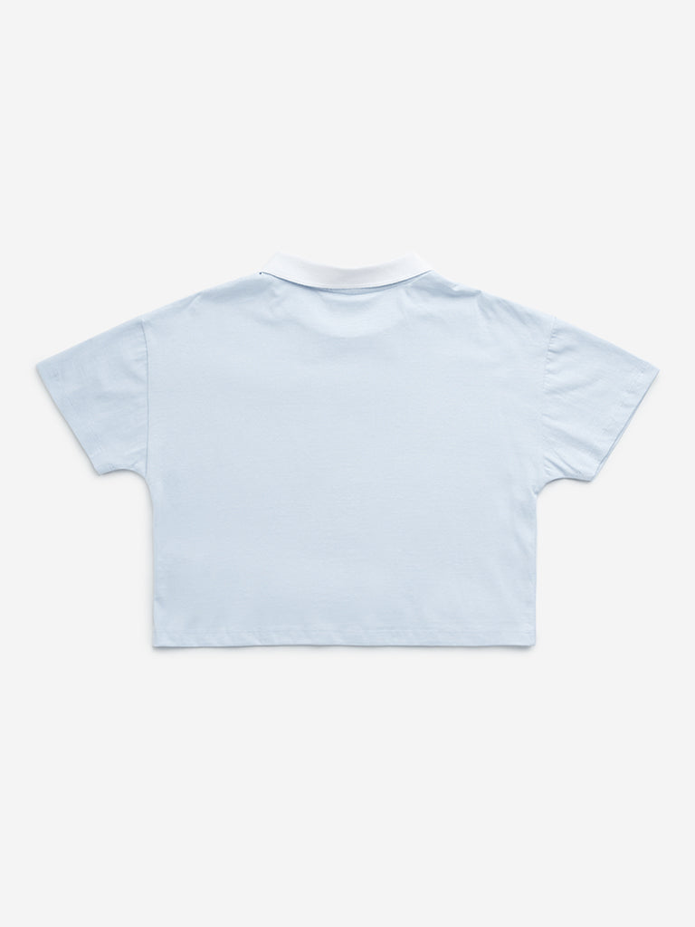 Y&F Kids Light Blue Text Printed Collared Cotton T-Shirt