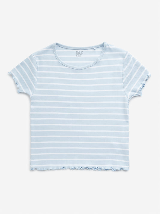 Y&F Kids Light Blue Striped Ribbed Cotton Blend T-Shirt