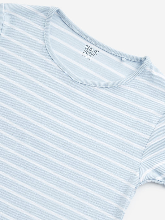 Y&F Kids Light Blue Striped Ribbed Cotton Blend T-Shirt