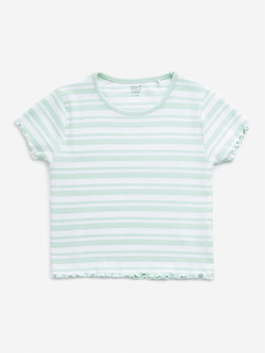 Y&F Kids Sage Striped Ribbed Textured Cotton Blend T-Shirt