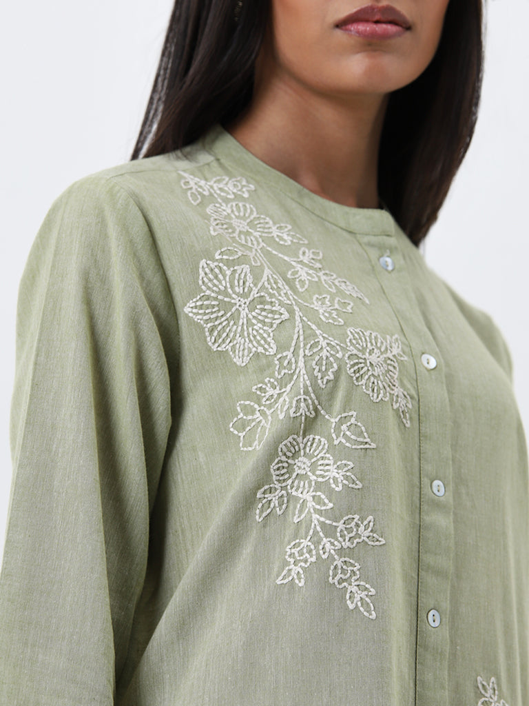 Utsa Mint Floral Embroidered A-Line Cotton Kurta