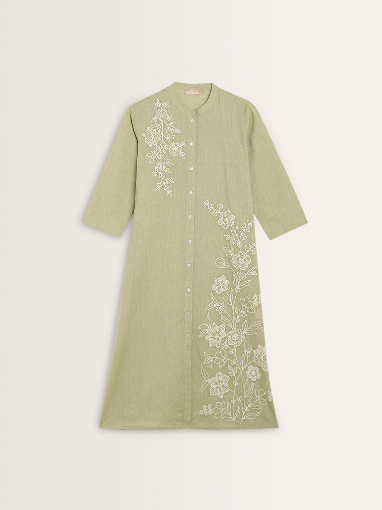 Utsa Mint Floral Embroidered A-Line Cotton Kurta