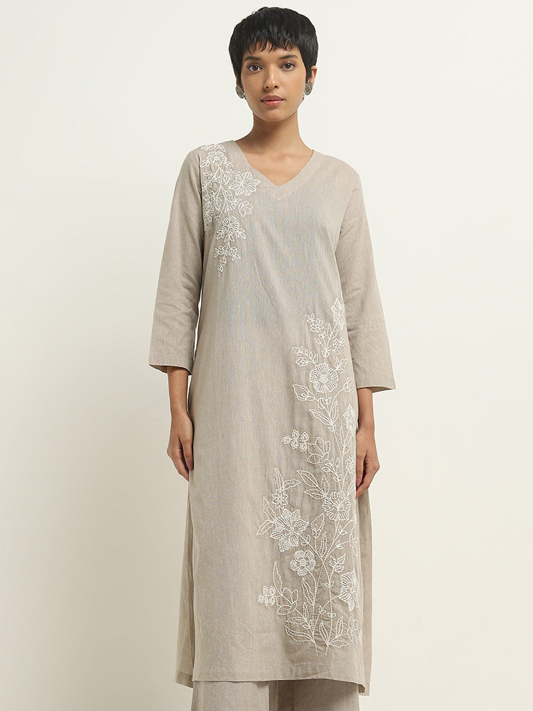 Utsa Beige Floral Embroidered A-Line Cotton Kurta