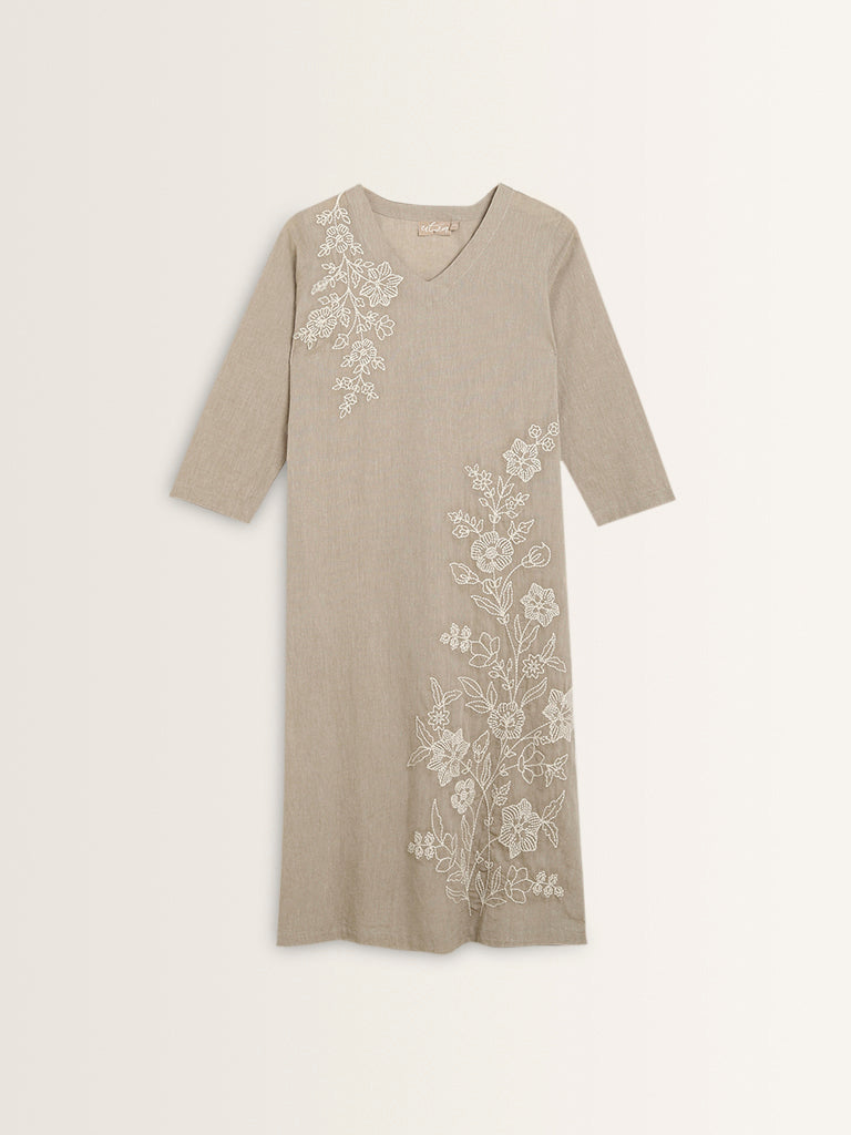 Utsa Beige Floral Embroidered A-Line Cotton Kurta