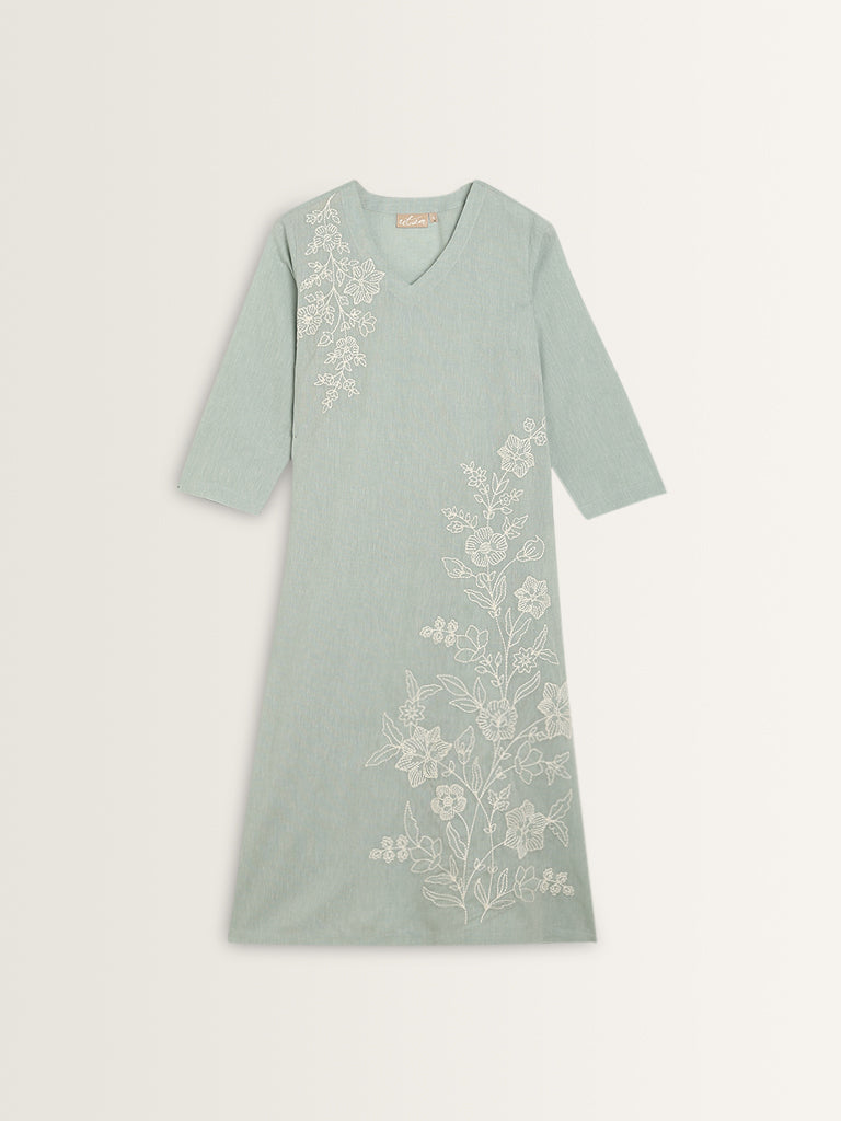 Utsa Light Blue Floral Embroidered A-Line Cotton Kurta