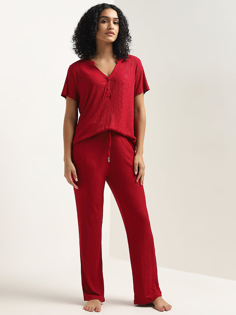 Wunderlove Red Ribbed-Textured High-Rise Pants