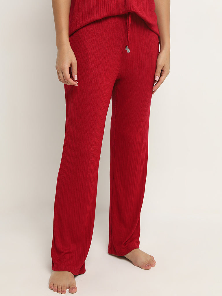 Wunderlove Red Ribbed-Textured High-Rise Pants