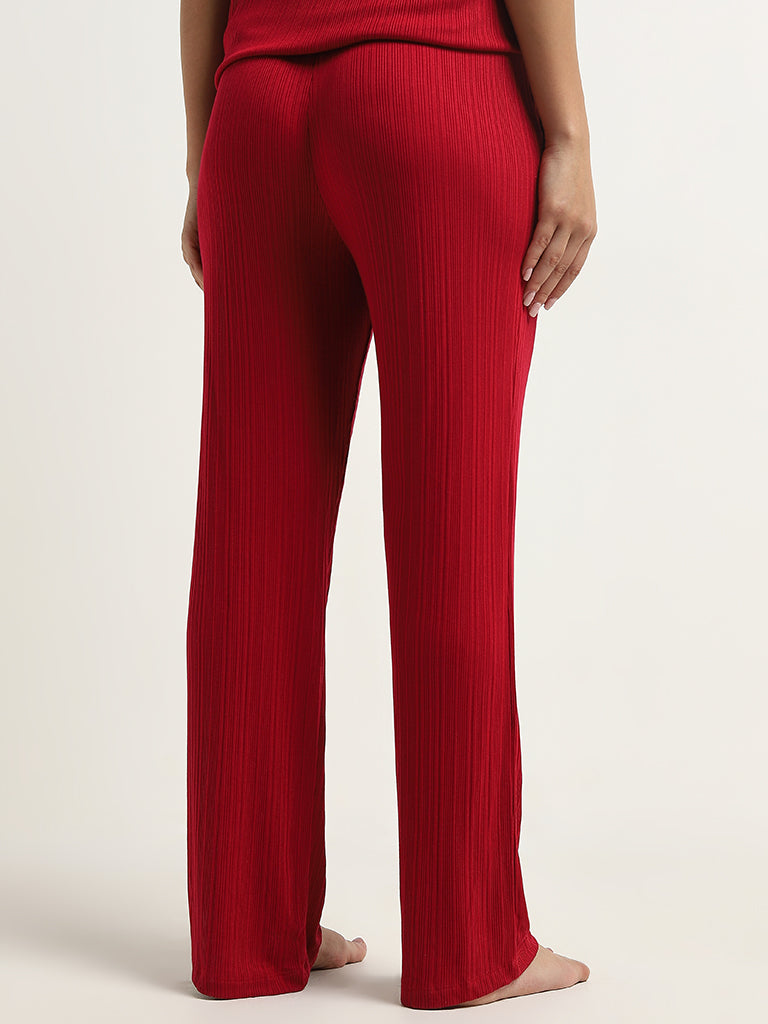 Wunderlove Red Ribbed-Textured High-Rise Pants