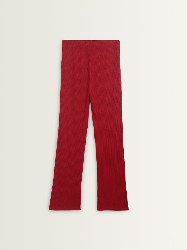 Wunderlove Red Ribbed-Textured High-Rise Pants