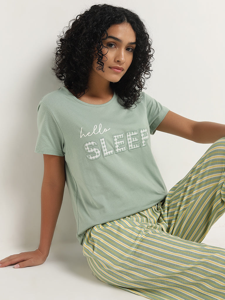 Wunderlove Sage Text Embroidered Cotton T-Shirt