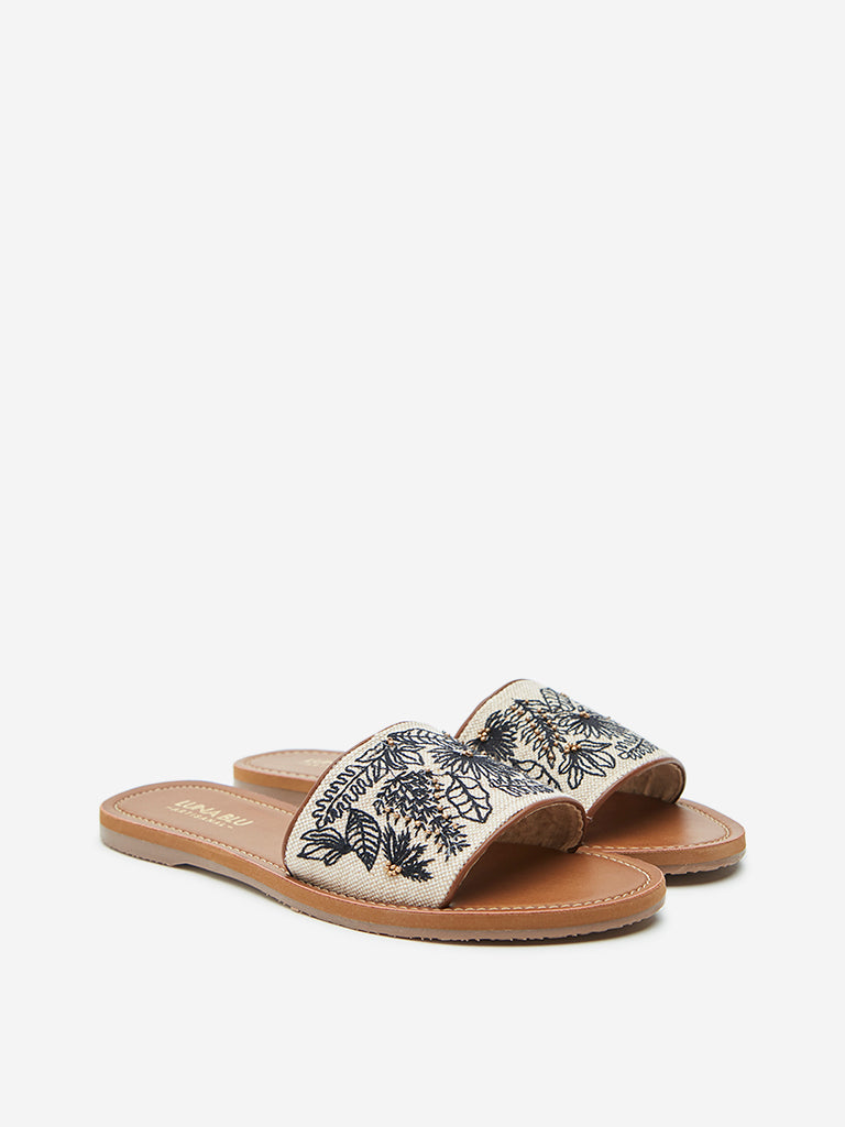 LUNA BLU Black & Ivory Embroidered Slides