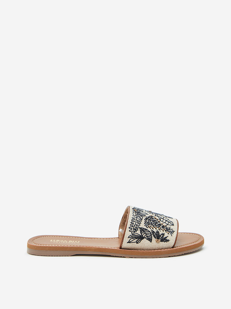 LUNA BLU Black & Ivory Embroidered Slides