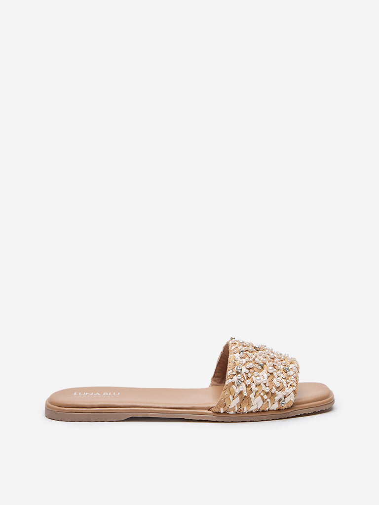 LUNA BLU Beige Pearl Embellished Slides