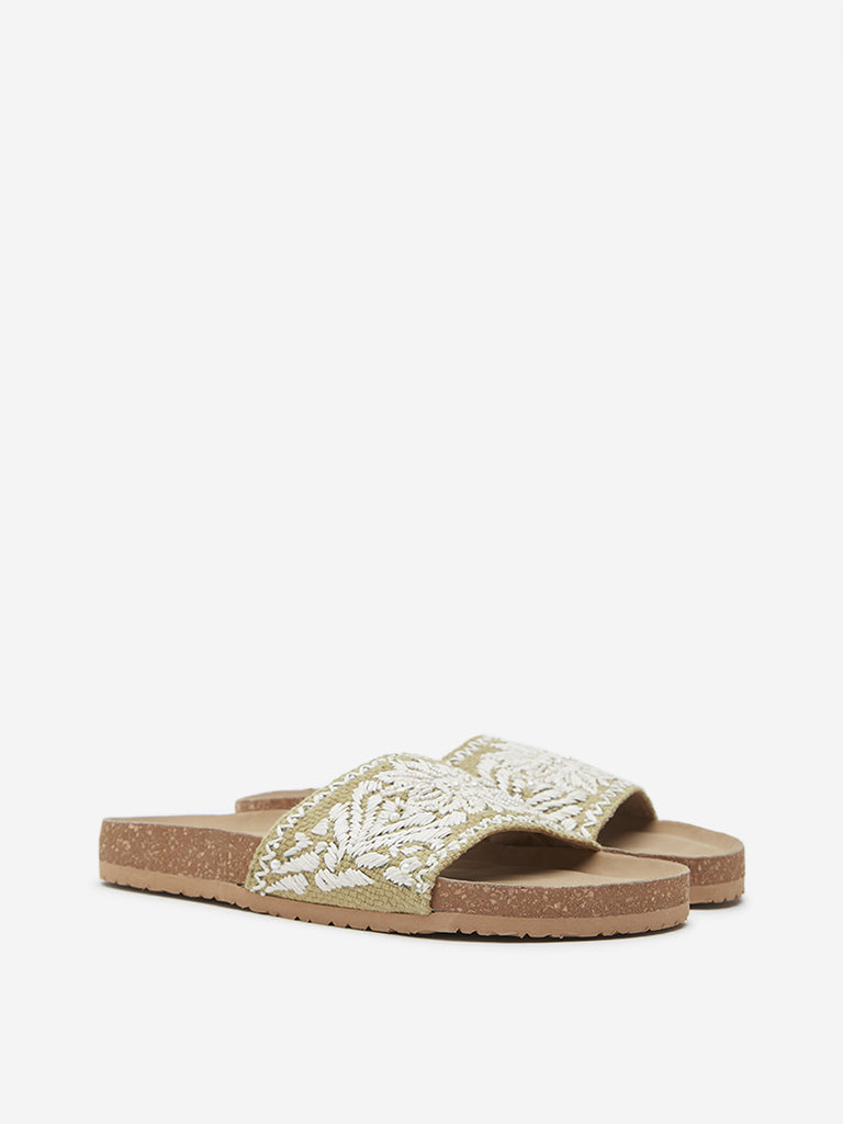 LUNA BLU Green Floral Embellished Artisanal Slides