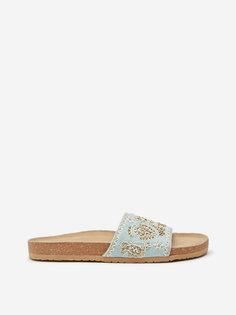 LUNA BLU Blue Paisley Embroidered Slides