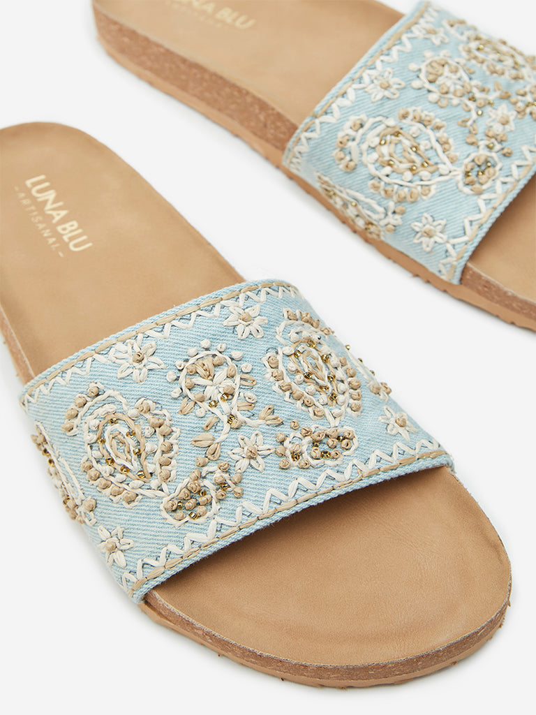 LUNA BLU Blue Paisley Embroidered Slides