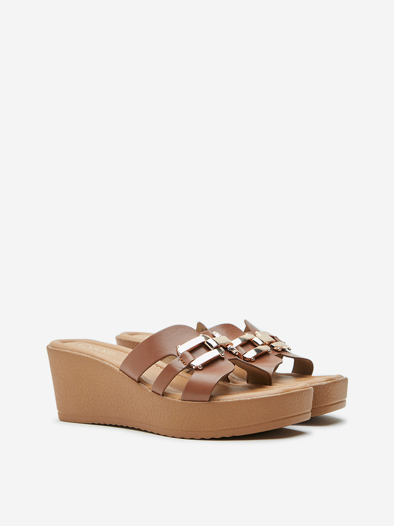 LUNA BLU Tan Metal-Detailed Wedge Heel Sandals