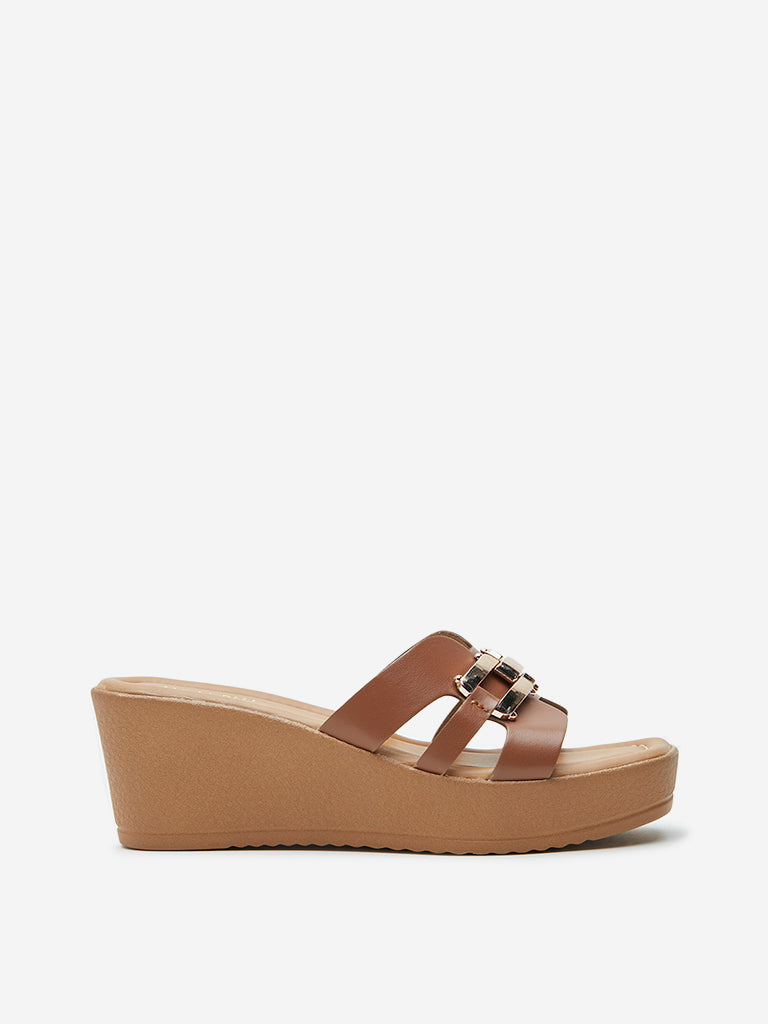 LUNA BLU Tan Metal-Detailed Wedge Heel Sandals