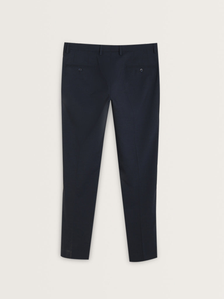 WES Formals Navy Patterned Mid-Rise Carrot Fit Trousers