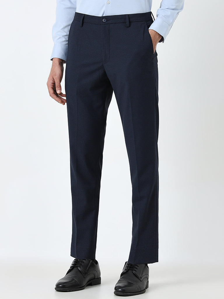 WES Formals Navy Patterned Mid-Rise Carrot Fit Trousers