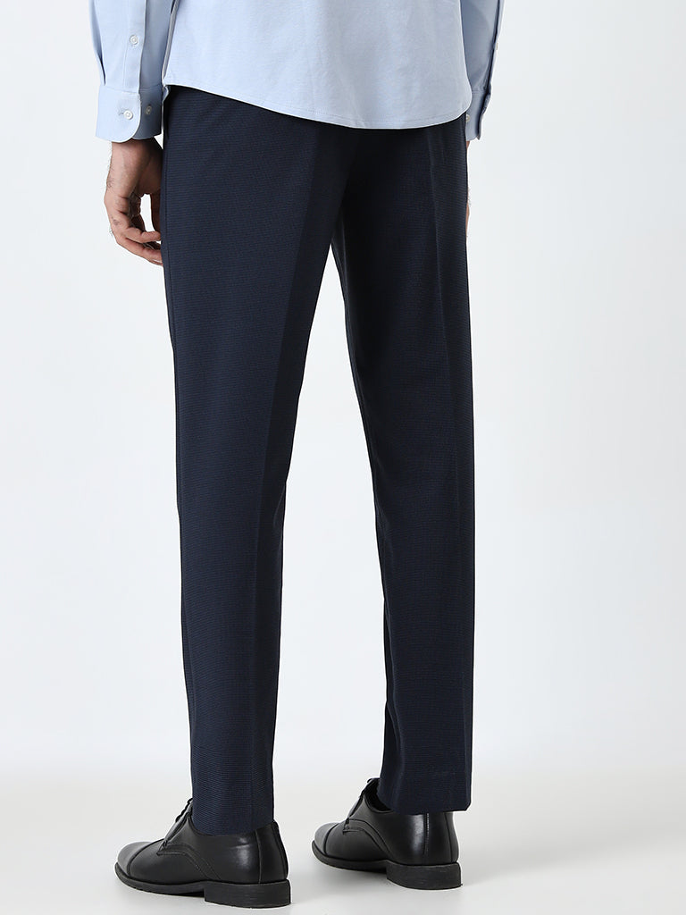 WES Formals Navy Patterned Mid-Rise Carrot Fit Trousers