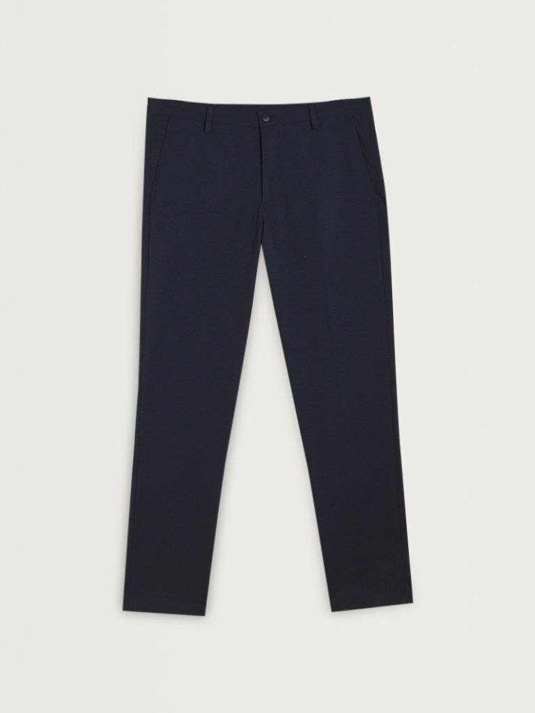 WES Formals Navy Patterned Mid-Rise Carrot Fit Trousers