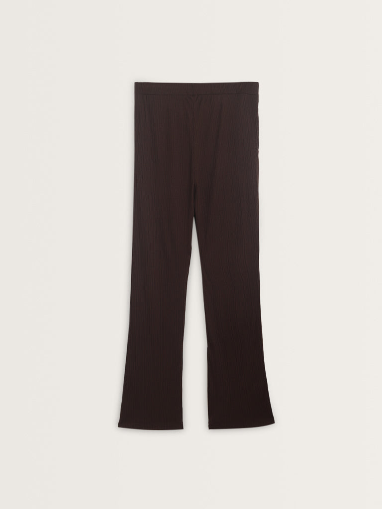 Wunderlove Dark Brown Ribbed Textured High-Rise Pants