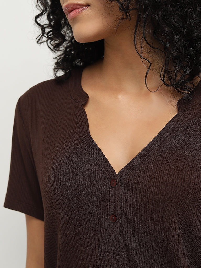 Wunderlove Dark Brown Ribbed Textured Henley Top