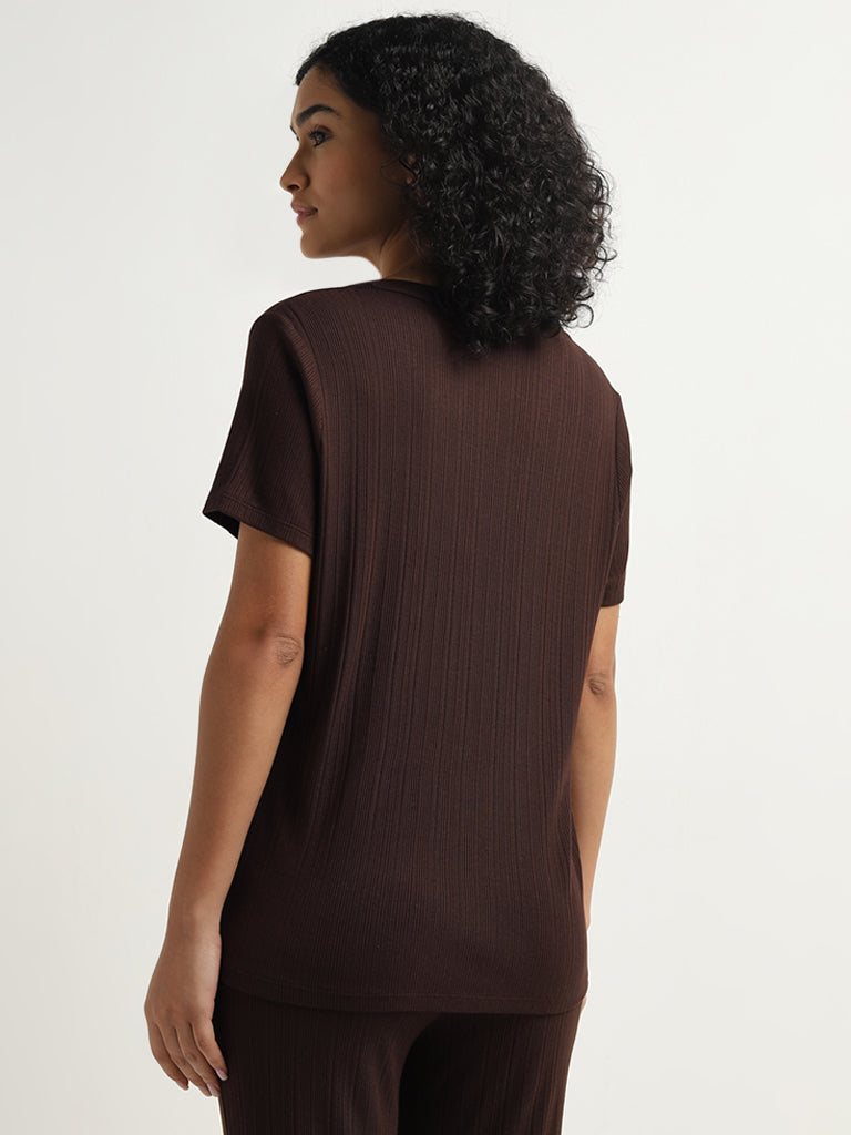 Wunderlove Dark Brown Ribbed Textured Henley Top