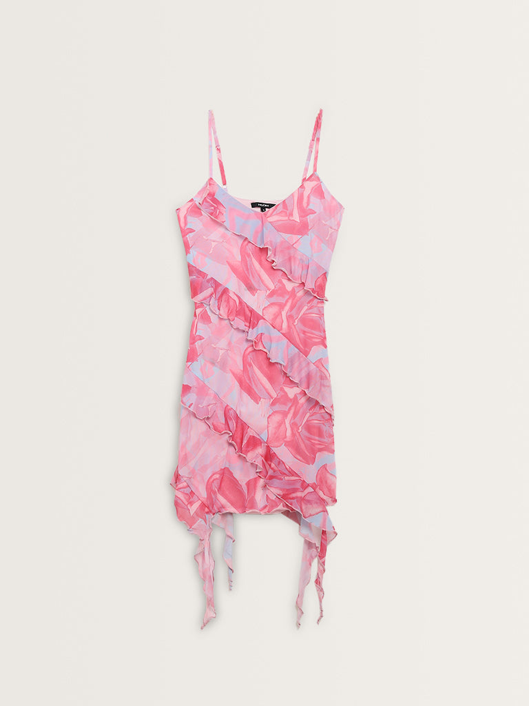 Nuon Pink Floral Printed Ruffled Bodycon Dress