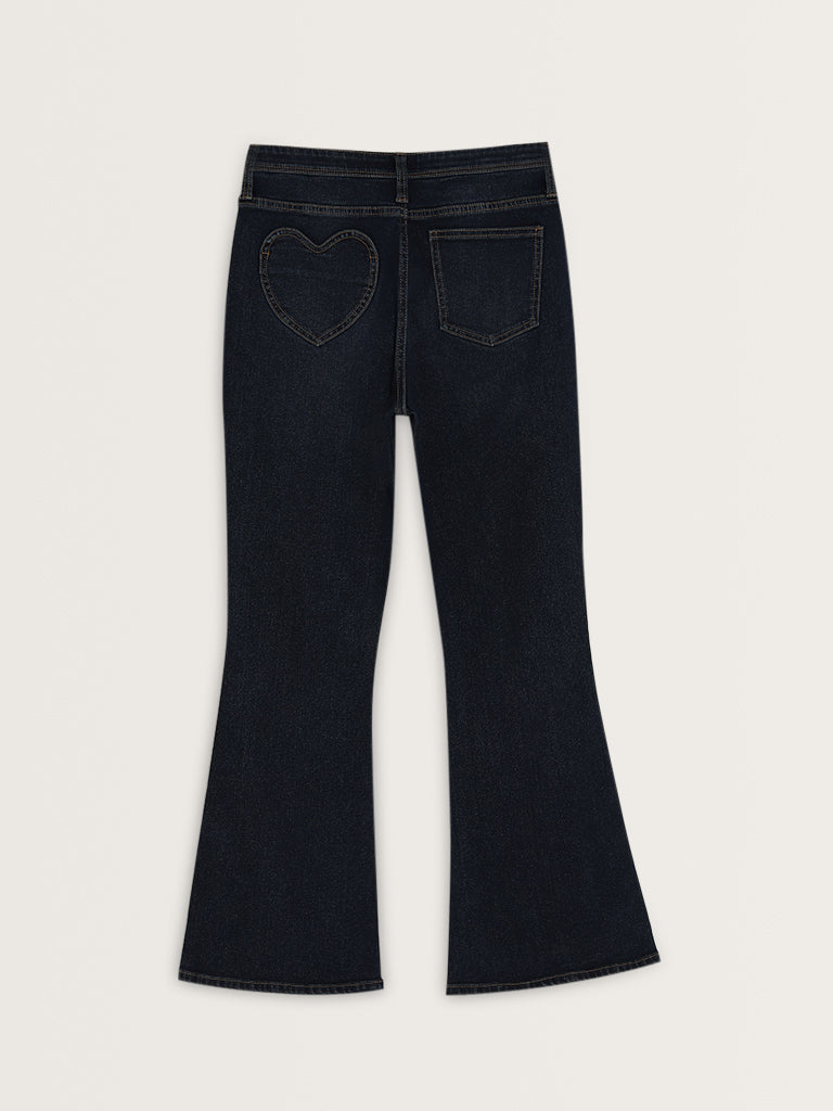 Nuon Dark Blue Wide Leg Fit Mid-Rise Jeans