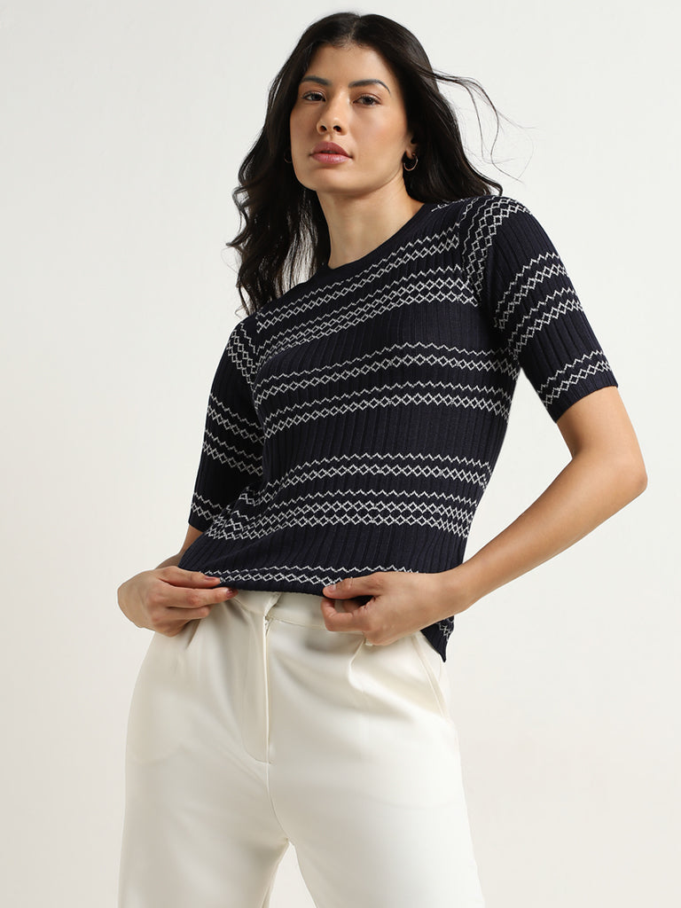 Wardrobe Navy Ribbed-Textured Top