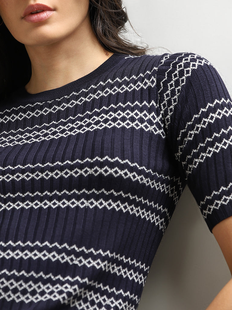 Wardrobe Navy Ribbed-Textured Top