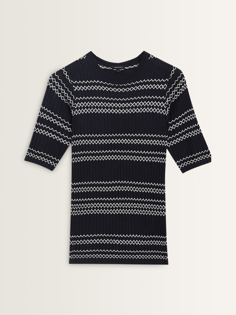 Wardrobe Navy Ribbed-Textured Top