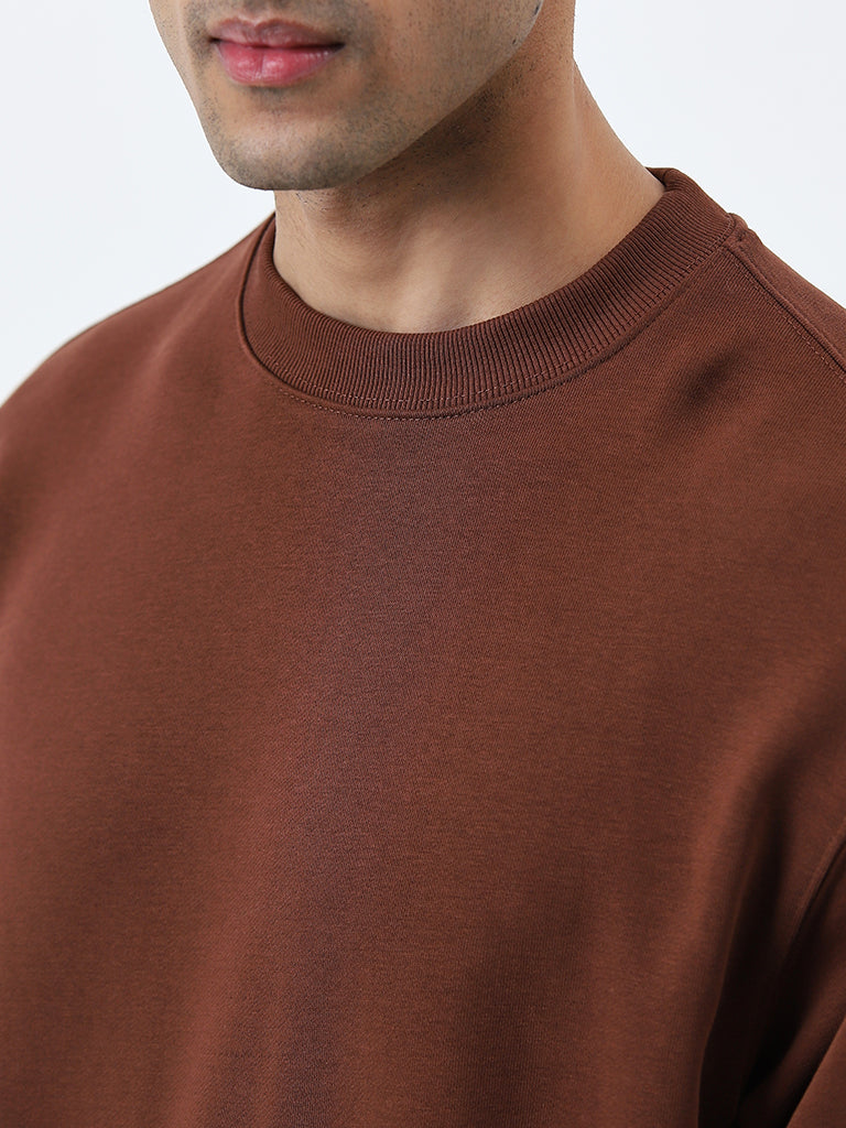 WES Casuals Brown Relaxed-Fit Cotton Blend Sweatshirt