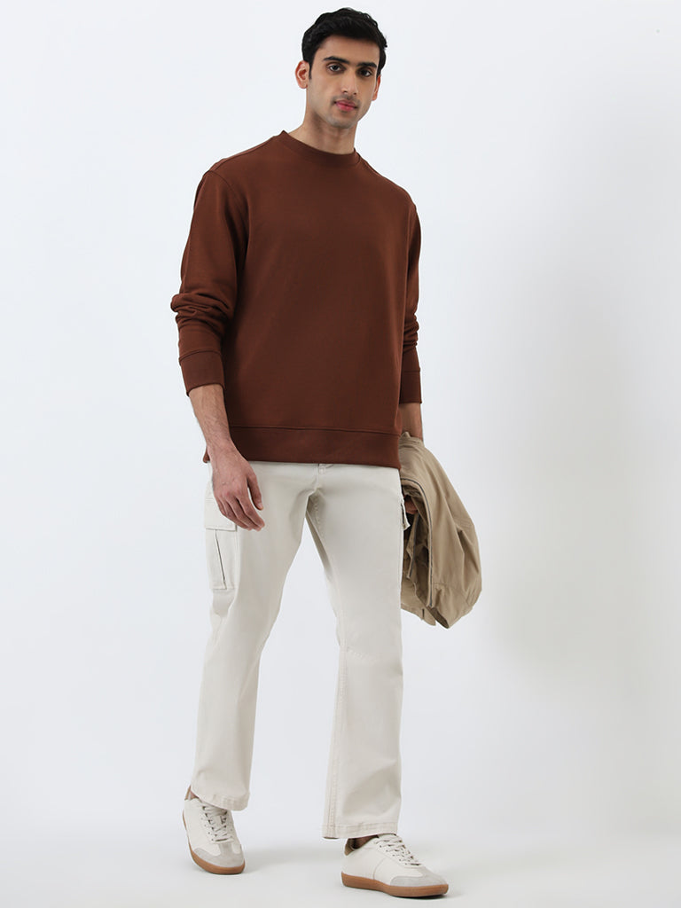 WES Casuals Brown Relaxed-Fit Cotton Blend Sweatshirt